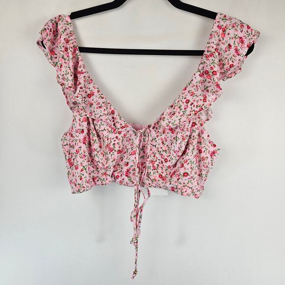 NWT AFRM Sienna Pastel Pink Floral Ruffle Cap Sleeve Adjustable Strap Crop Top L - Picture 3 of 12